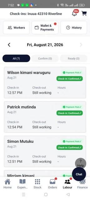 INUUA labour check-in and payments screen